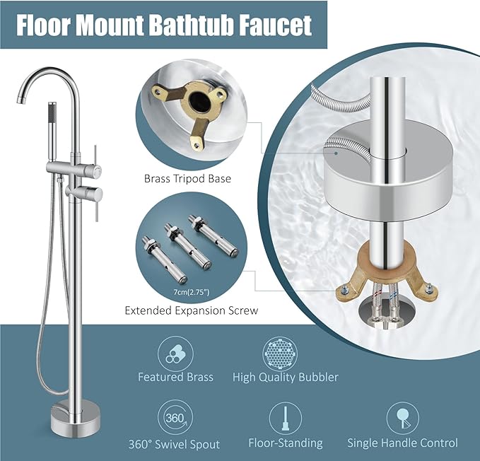 Aolemi Floor Mount Bathtub Faucet Freestanding Tub Filler Standing High Flow Shower Faucets Shower Mixer Taps, Swivel Gooseneck Spout with Cylinder Handheld Polish Chrome