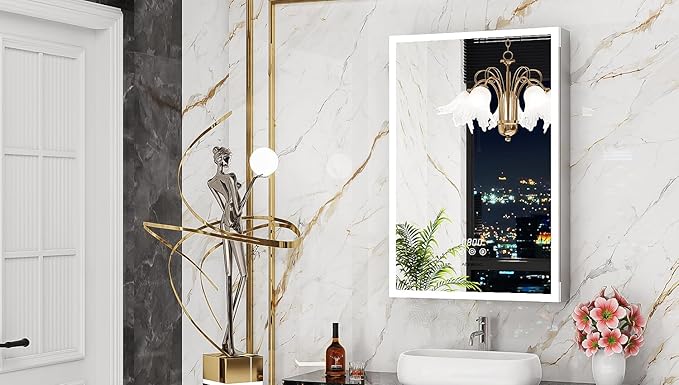 Medicine Cabinet With Lights, 2030 Inch Surface or Recessed Bathroom Mirror, Clock & Room Temp Display, Defogger, LED Dimmable 3 Color Lights, Left Hinge