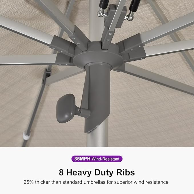 PURPLE LEAF 10 FT Semi-Auto Outdoor Patio Umbrella Market Table Sun Umbrellas with 8 Aluminum Sturdy Ribs for Backyard Deck Garden Pool (Silver Pole Beige Canopy)
