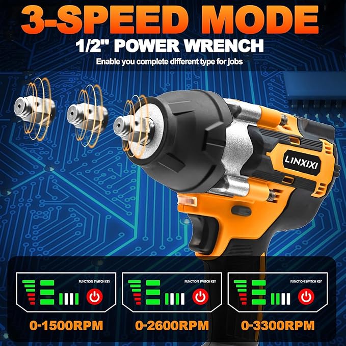 1/2 Cordless Impact Wrench, 1/2 Inch Impact Drive with Brushless Motor, 1000N.m(740Ft-Lbs), 3300PRM, Electric Impact Wrenches with Battery and Charger, 6 Sockets