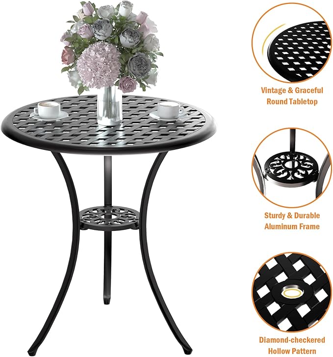 Patio Bistro Set 3 Piece, Cast Aluminum Bistro Set for 2 w/Umbrella Hole, Outdoor Table and Chairs Set of 2, Bistro Set for Balcony/Backyard/Garden, Black