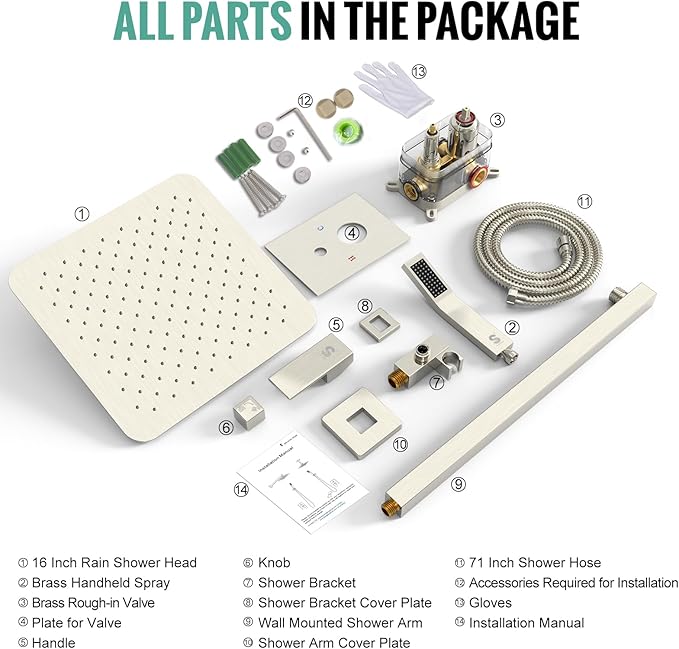 SR SUN RISE Shower Faucet - 16 Inch Rain Shower System - All Metal Shower Fixtures - Brushed Nickel