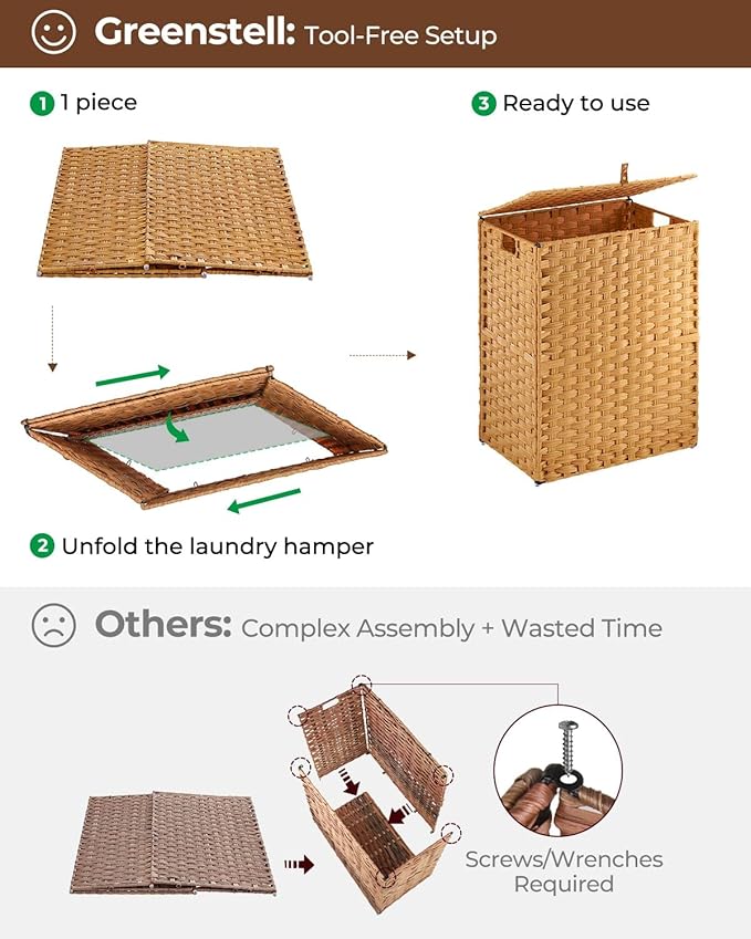Greenstell Laundry Hamper No Install Needed, Divided Clothes Hamper with 2 Removable Liner Bags, 90L Handwoven Synthetic Rattan Laundry Basket with Lid and Handles, Foldable Natural
