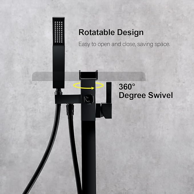 BAGNOLUX Solid Brass Floor Mount Bathtub Faucet Free Standing Tub Faucet Freestanding Tub Filler Black with Hand Shower High Flow Rate Swivel Spout Set, YGSLT-Waterfall Black