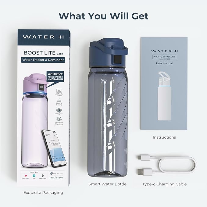 Smart Water Bottle with Reminder to Drink Water, Motivate & Tracking Hydration Water Bottle with App, 32 oz Tritan BPA-Free Plastic Water Bottles for Gym, School, Office - Blue