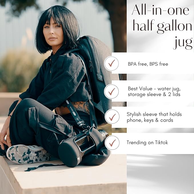 H2O Capsule 2.2L Half Gallon Water Bottle with Storage Sleeve and Removable Straw – BPA Free Large Reusable Drink Container with Handle - Big Sports Jug, 2.2 Liter (74 Ounce), Jet Black