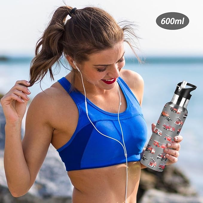 Fire Truck Stainless Steel Water Bottle with Straw Lid - 20 Oz Sports Insulated Water Bottle Thermos for Sport Gym Outdoor Travel School