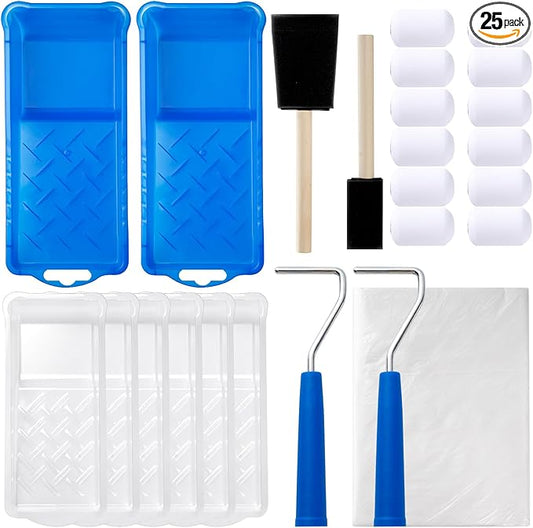 Mister Rui Paint Roller Kit, 25 Pack, 2 Inch Foam Paint Roller, Small Paint Rollers, Paint Roller Tray Liners, Sponge Brush with Plastic Sheeting, Mini Rollers for Painting Furniture