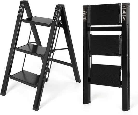 FAHKNS 3 Step Ladder, Aluminum Light Folding 3 Step Stool with Non-Slip Wide Pedal (7.9Inch), 330Lbs Capacity Stepping Stool, Step Ladder 3 Step Folding for Office,Household,Kitchen, Black