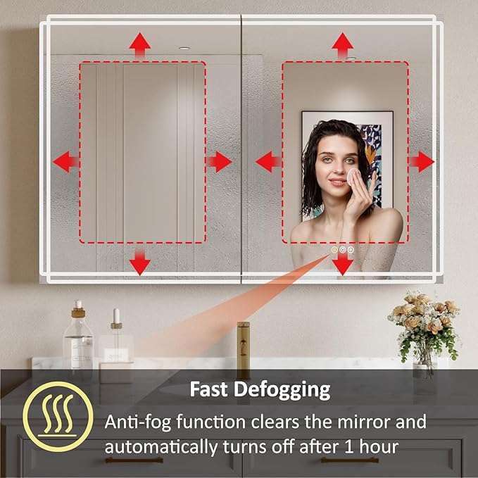 Buruis 48'' x 32'' Medicine Cabinet with Lights and Mirrors, Recessed or Wall Mounted Modern Bathroom Cabinet with 3-Mode Light, Anti-Fog, Dimmable, Memory Function, Outlet, Silver