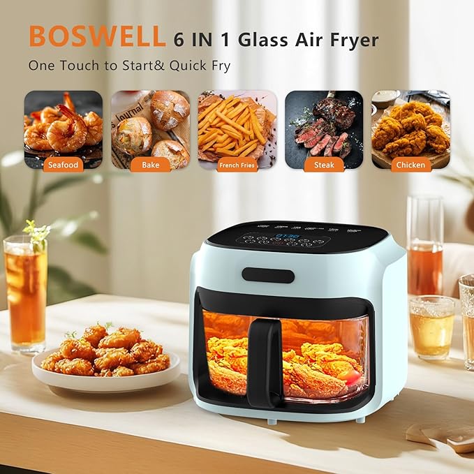 Glass Air Fryer, 7.6QT with Transparent Fry Bowl, Circulating Heating, Temperature Control, Air Fryer Roast, Dishwasher Safe (Green)