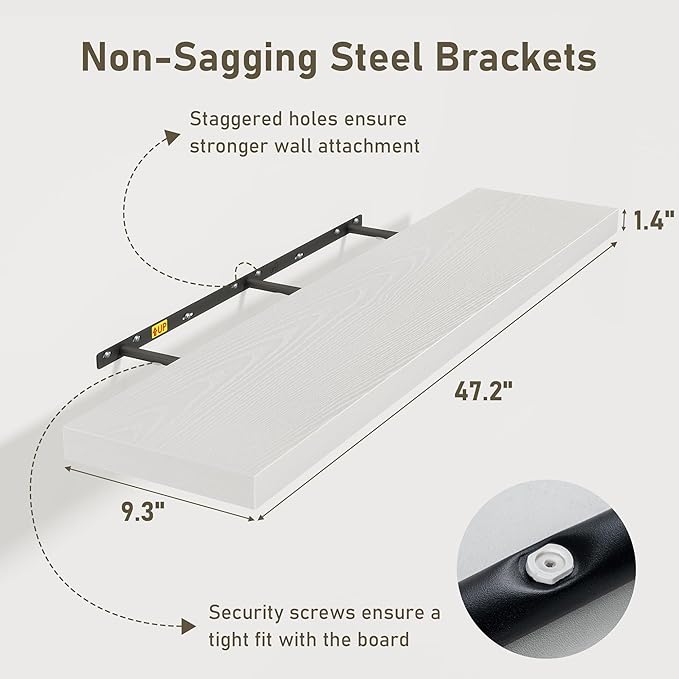 White Floating Shelves Wall Shelf 48 Inch, 8 Inch Deep Floating Shelf for Wall, Farmhouse Black Wood Shelves Invisible Bracket for Living Room, Bedroom, Kitchen, 48 x 9.3 x 1.4 Inch, Set of 2