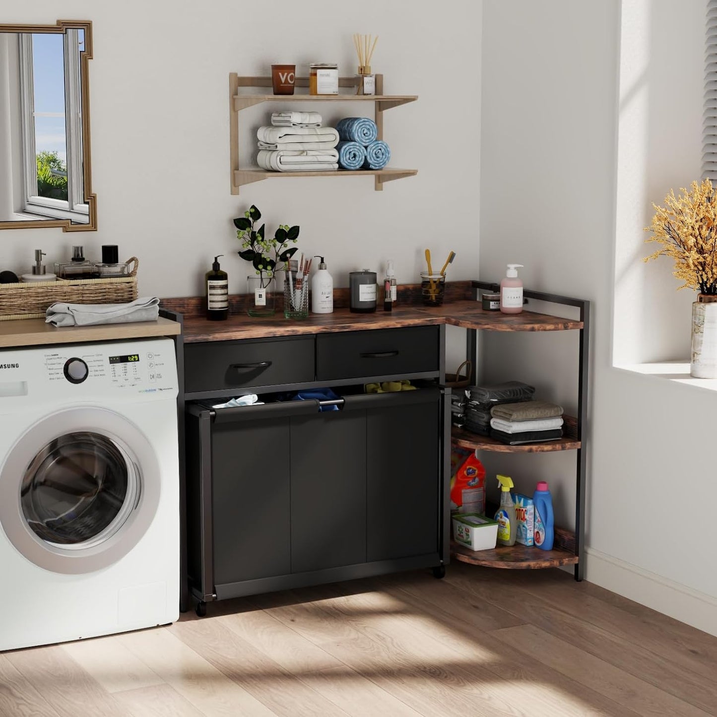 L Shaped Laundry Hamper Laundry Basket with 3 Section Pull-Out Rolling Bags & 3-Tier Storage Shelf, Laundry Sorter for Organization and Storage with 2 Drawers for Laundry Room