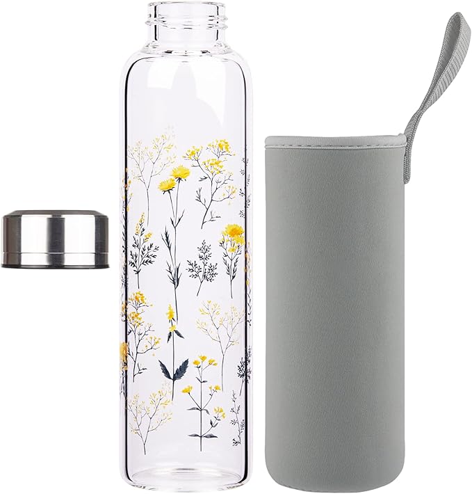 Borosilicate Glass Water Bottle, Sports Glass Drinking Bottle with Neoprene Sleeve and Stainless Steel Lid 16oz / 32oz (32oz, Blooming Branches)
