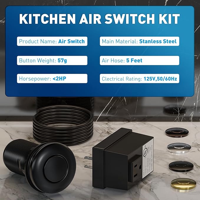 Garbage Disposal Air Switch Kit Sink Top Waste Disposal Long Stainless Steel Black On/Off Air Button Food and Waste Disposals Part, UL Listed