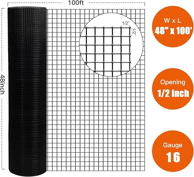 48" x 100' 1/2inch Hardware Cloth, Black Vinyl Coated Chicken Wire Fence Galvanized Welded Mesh Roll for Home Garden Rabbit Cage