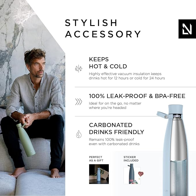 LARS NYSØM Stainless Steel Insulated Water Bottle 25oz 34oz | BPA-free Insulated Thermo Flask for Hot and Cold Beverages | Leakproof Drinking Bottle (Baby Blue, 34oz)