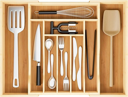 Expandable and Adjustable Bamboo Drawer Organizer Tray - Cutlery Drawer Organizer for Kitchen Utensils, Silverware Organizer with Dividers, 7-9 Slots with Curved Grooves (Natural)