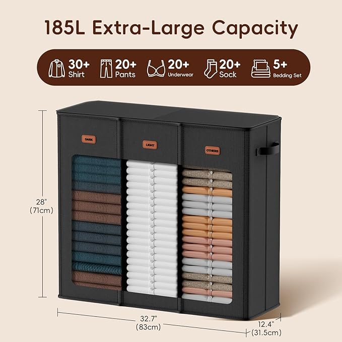 185L Laundry Hamper 3 Section, Laundry Hamper with Lid, Dirty Clothes Hamper with 3 Removable Washing Bags, Extra Large Laundry Basket Organizer for Bedroom, Laundry Room, Dorm - Black