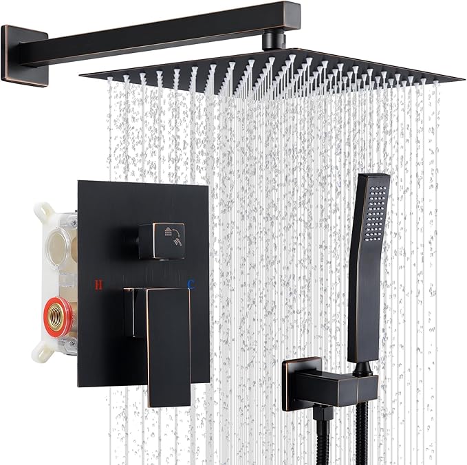 Shower Faucet Set, Wall Mount 10 Inch Round Rainfall Shower Head and Handle Set Single Handle Shower System Set with Female Threads Valve Body and Trim Included (Oil Rubbed Bronze)