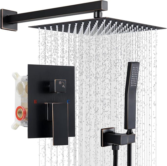 Shower Faucet Set, Wall Mount 10 Inch Round Rainfall Shower Head and Handle Set Single Handle Shower System Set with Female Threads Valve Body and Trim Included (Oil Rubbed Bronze)