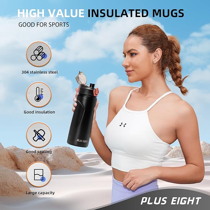 Sports Water Bottle, 25 oz Insulated Water Bottle With Straw, Stainless Steel Water Bottle Wide Mouth for Sports, Gym or Office, BPA-Free Keep Cold 24H Hot 12H (Black)