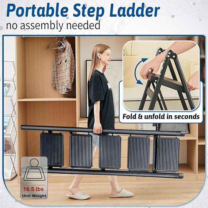 Double Elite Step Ladder 5 Step Folding, Sturdy 330 Lbs Load Small Step Stool for Adults, Safer Full Steel Multi-use Kitchen Ladder for Home/Closet, with Anti-Slip Wide Pedals, Black
