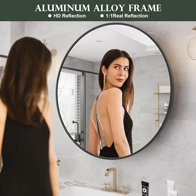 WallBeyond Bathroom Medicine Cabinet with Mirror, 28 Inch Black Round Mirror Medicine Mabinet Wall Mounted with Aluminum Alloy Metal Framed, Surface Mount Medicine Cabinet with Storage