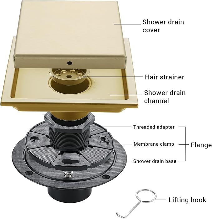 4 Inch Gold Shower Drain, SUS304 Stainless Steel Square Bathroom Floor Drain with Flange Reversible 2-in-1 Cover Insert Tiles for Filtering, Brushed Gold