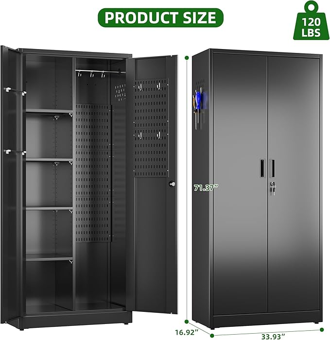 71.31" H Metal Broom Closet Storage Cabinets with Pegboards and Hooks,Utility Closet Storage Cabinet with Hooks and Hanging Rod for Laundry Room,Utility Room,Warehouse,Garage,Black
