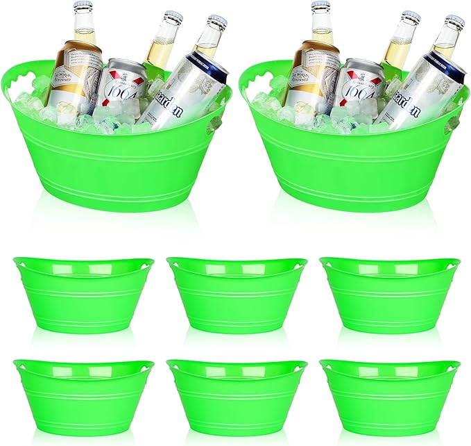 8Pcs Ice Bucket, Plastic Ice Buckets for Parties, Drink Buckets with Handles Beverage Buckets Oval Storage Plastic Tub for Wine Beer Champagne Bottles, 4.3Liter (Green)