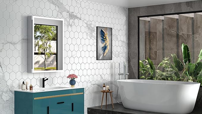 Medicine Cabinet With Lights, 2432 Inch Surface or Recessed, Mirror, 3 Color Dimmable, Defogger, Clock & Temp, Outlet & USB, Door Left Open