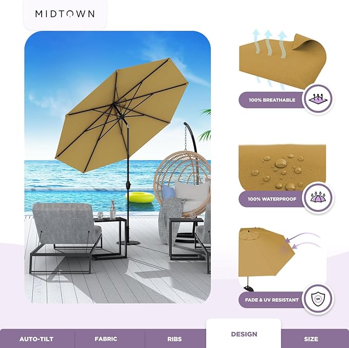 Midtown Umbrellas 10-Year-No-Fade - 10 Ft - UV Proof Sand (Tan) Polyester Fabric - Umbrella Outdoor Patio, Aluminum Frame Large Patio Umbrella for Garden, Pool & Deck - Black Pole
