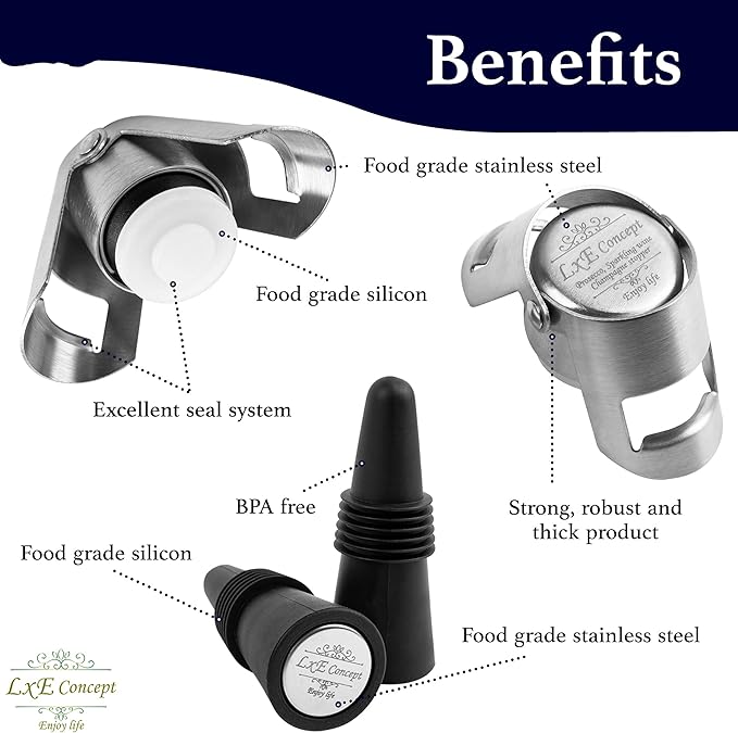 Champagne Stoppers for Sparkling Bottle Sealing - Saver Accessories Toppers for Wine Napa Moet Bottega - Cone-shaped wine stoppers and Dual-sided Stainless Steel Cover Bottles Set (Silver Gray, 2 & 2)