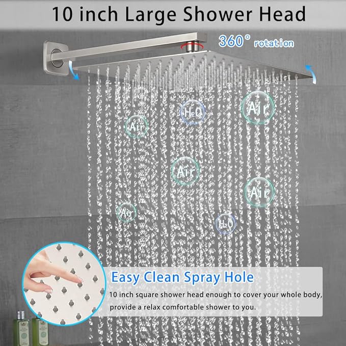 Brushed Nickel Shower System YCAIKOI Wall Mount Shower Faucet Set for Bathroom 10 Inch High Pressure Luxury Shower Head with Handheld, Rough-in Valve Body and Trim Included