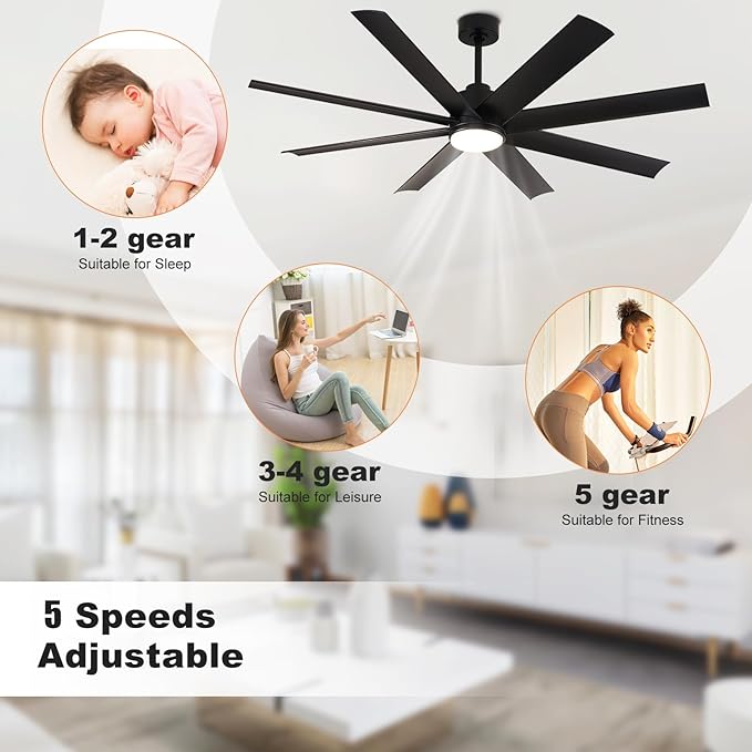 Depuley 60" Indoor or Covered Outdoor Ceiling Fans, Industrial DC Motor Ceiling Fan with LED Light for Living Room Basement Sunroom Porch Patio, 5-Speed Remote App Control, Black