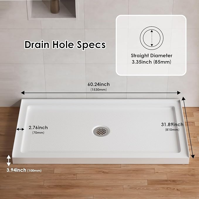 60"x 32" Shower Base, Center Drain Single Threshold Shower Pan with Slip Resistant Textured Surface, Stainless Steel Drain Cover（Center）
