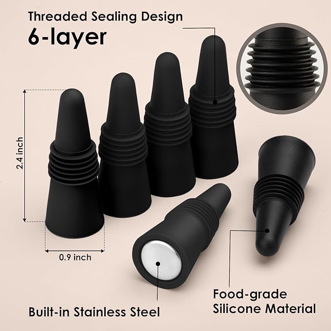 6 PCS Black Silicone Wine Stoppers with Threaded Seal Ring and Stainless Top - Suitable for Wine and Beverage Bottles - Keeping Wine or Beverage Fresh…
