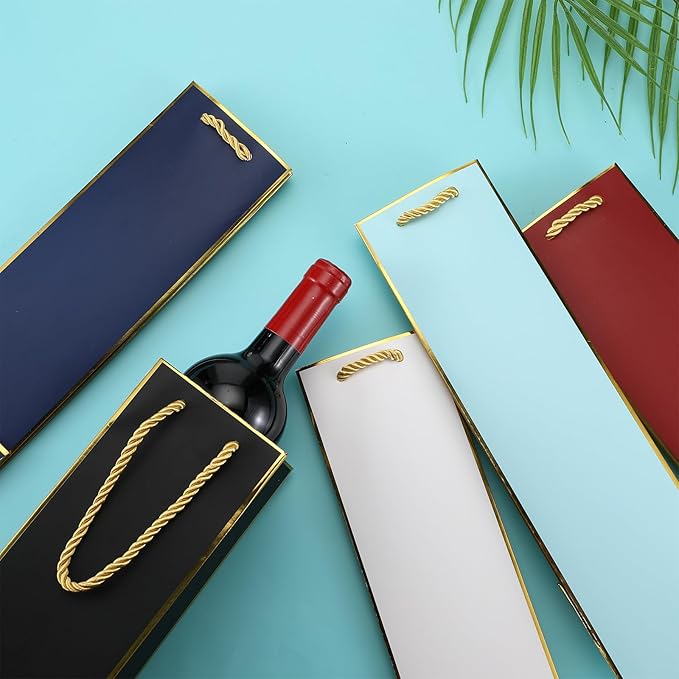 Fumete 50 Pack Wine Bottle Gift Bags Paper Wine Gift Bags Bulk 13.8x3.7x3.5 Wine Bags with Handles Appreciation Gifting Bags for Christmas Wedding Anniversary Birthday Party(Retro Colors)