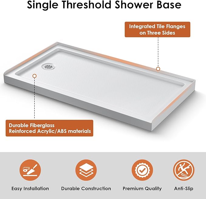 60"x 32" Shower Base, Left Drain Single Threshold Shower Pan with Slip Resistant Textured Surface, Stainless Steel Drain Cover（Left）