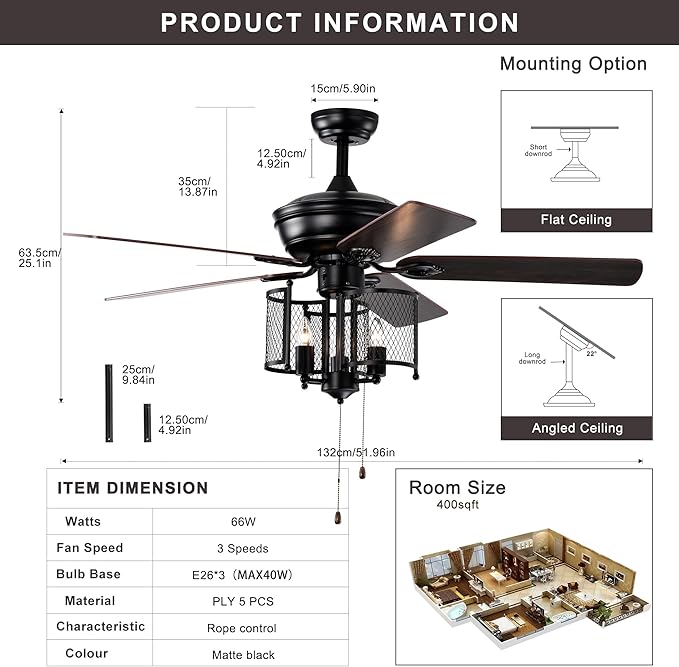 NicBex Ceiling Fan 52 Inch Ceiling Fan with Lights Vintage Ceiling Fans with 5 Blades Ceiling Fan with Lamp Shade and Hand Pull Chain for Bedroom, Living Room, Matte Black