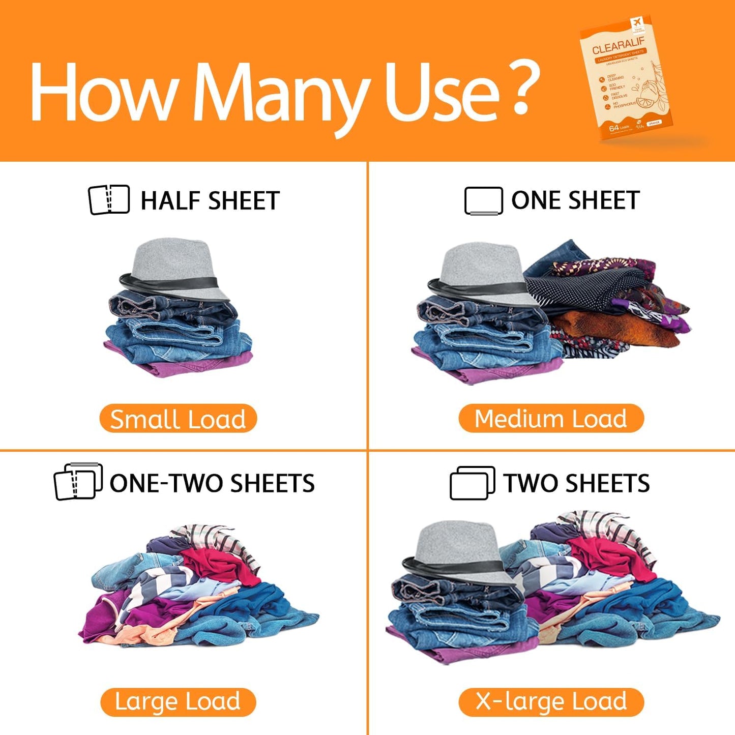 CLEARALIF Laundry Detergent Sheets, Orange, 64 Load, CLEARALIF Laundry Detergent Strips Eco Friendly & Hypoallergenic