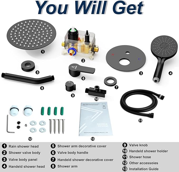 Shower Faucet Set 10IN Brass Rough-In Valve Body Trim Kit Rainfall Included Handle Accessories Complete 2 Functions with Rain Head and Handheld Bathroom Systems (10'', Matte Black)