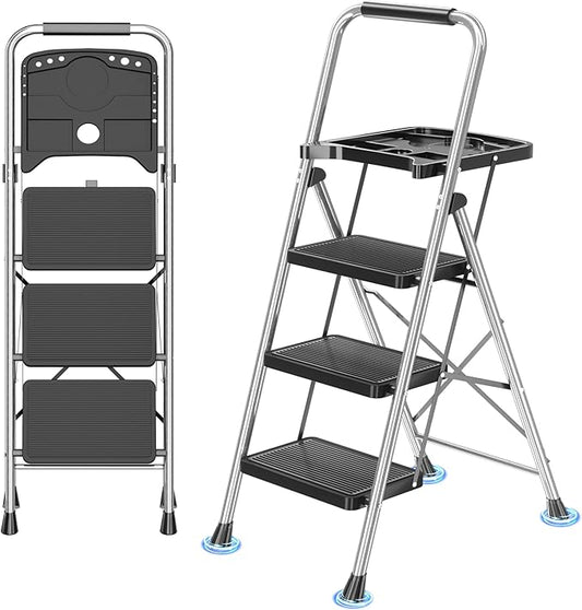 3 Step Ladder, Folding Step Stool with Tool Platform, Wide Anti-Slip Pedal and Anti-Slip Feet, Sturdiest Steel Construction, 600lbs Capacity Steel Ladder for Home Office, Grey