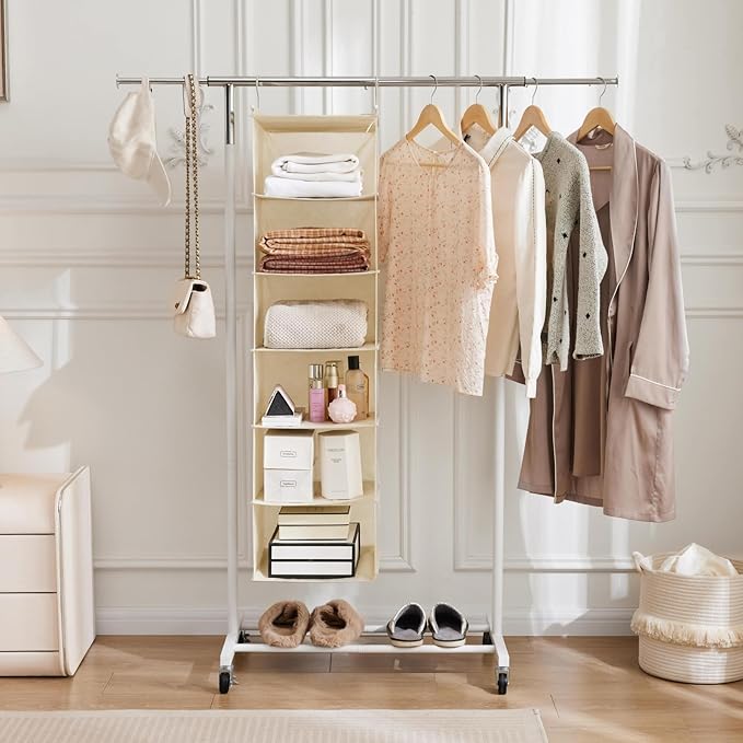 MAX Houser 6 Tier Shelf Hanging Closet Organizer, Cloth Hanging Shelf with 2 Sturdy Hooks for Storage, Foldable (Beige)