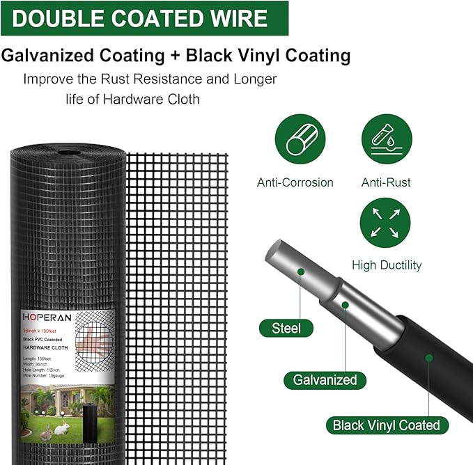 HOPERAN Black Hardware Cloth 1/2 inch 36 x 100 Ft Mesh 19 Gauge PVC Coated Chicken Wire - Vinyl + Galvanized Double Coated Fence - Welded Wire Mesh Roll for Chicken Coop Fencing Garden Fencing