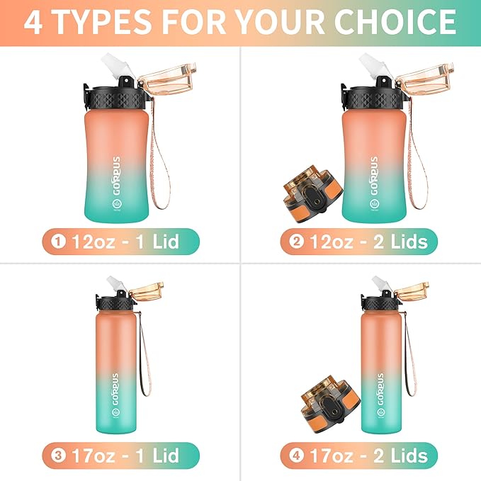 GOPPUS Kids Water Bottle with Straw Spout Lid 10pcs Stickers 12 oz Leak-proof BPA Free Motivational Time Marker Tritan Plastic Water Bottles for Girls Boys School Sports
