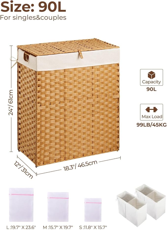 Greenstell Laundry Hamper No Install Needed, Divided Clothes Hamper with 2 Removable Liner Bags, 90L Handwoven Synthetic Rattan Laundry Basket with Lid and Handles, Foldable Natural