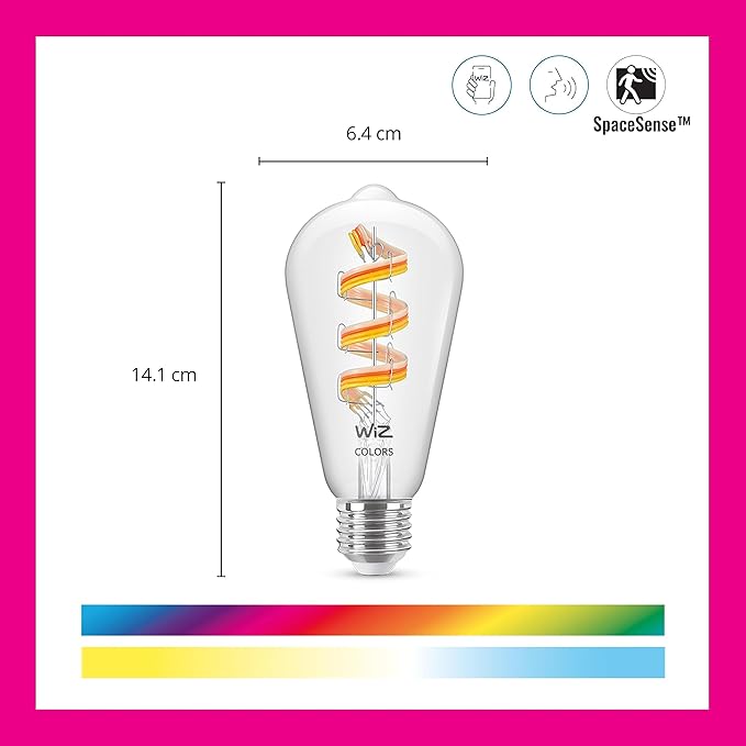 WiZ Connected Color ST19 Filament LED Smart Bulb - Pack of 6-300 Lumen - E26 - Indoor - Wi-Fi Enabled - Voice/App Control - Motion Activation - Matter Compatible