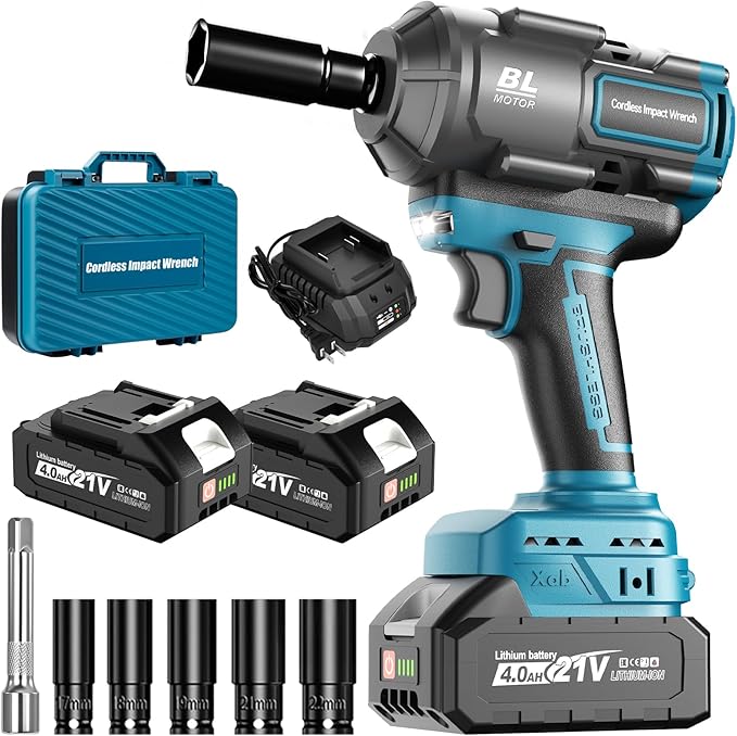 Cordless Impact Wrench, 1/2 Impact Gun with 2 * 4.0A Battery, Brushless Max Torque 885ft-Lbs (1200N.m) Electric Power Impact Driver with Charger & 6 Sockets for Car/DIY Furniture/Lawn Mower